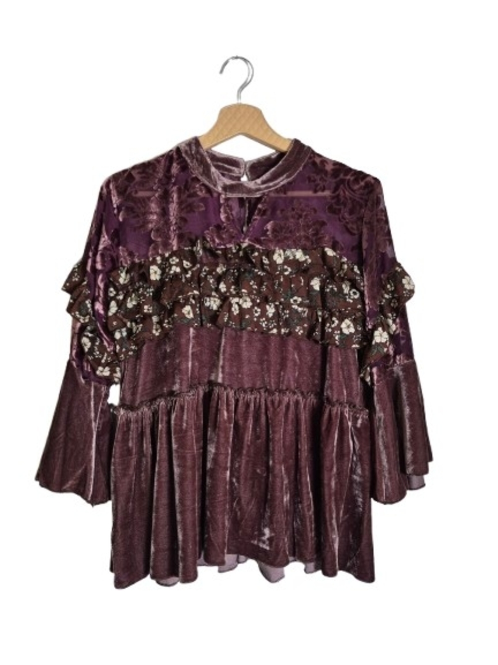 POL Purple Velvet Floral Ruffle Peplum Tunic Top Size L | Boho Luxe